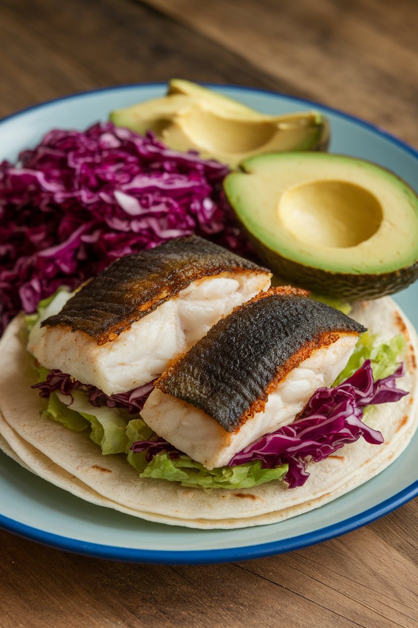 Indoor photo of soft corn tortillas cradling cooked blackened white fish, red cabbage slaw, and avocado slices. No text or logos.