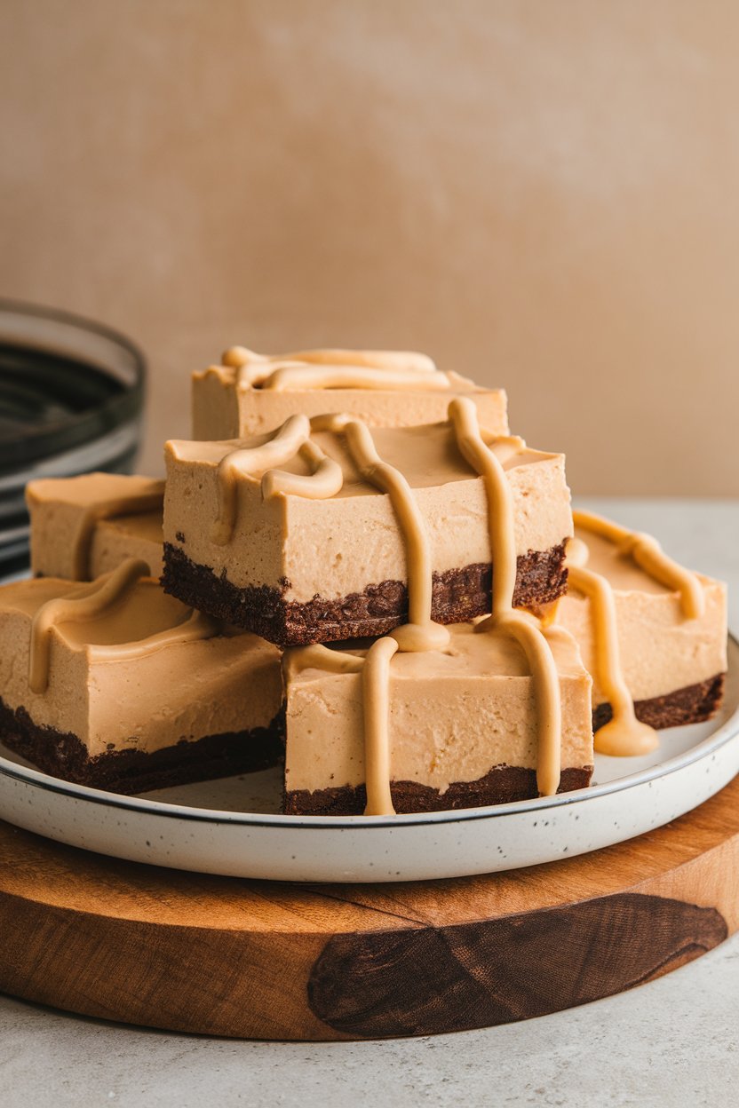 Indoor photo of creamy cheesecake bars with chocolate cookie crust, a drizzle of Irish cream sauce, no text or logos