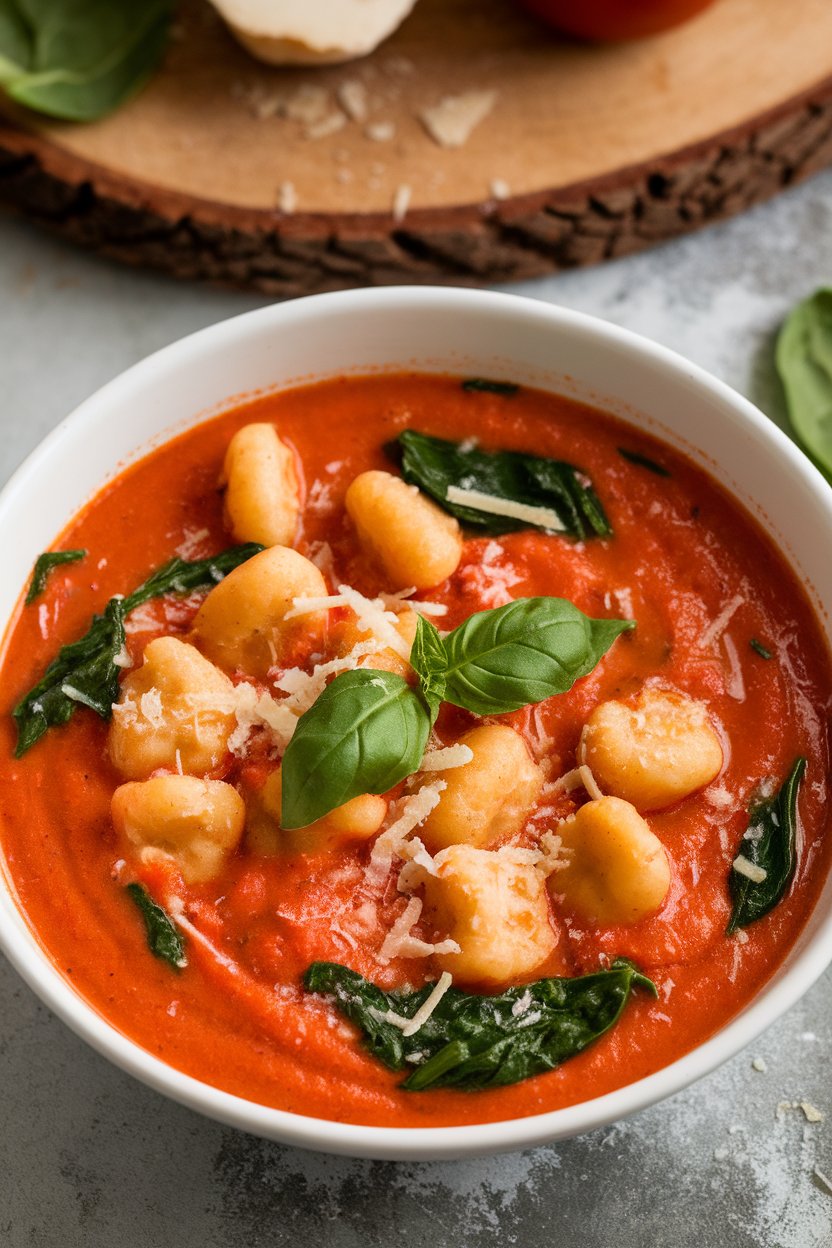 Indoor photo of a creamy tomato soup dotted with pillowy gnocchi, spinach leaves, and shredded Parmesan; no text or logos visible.