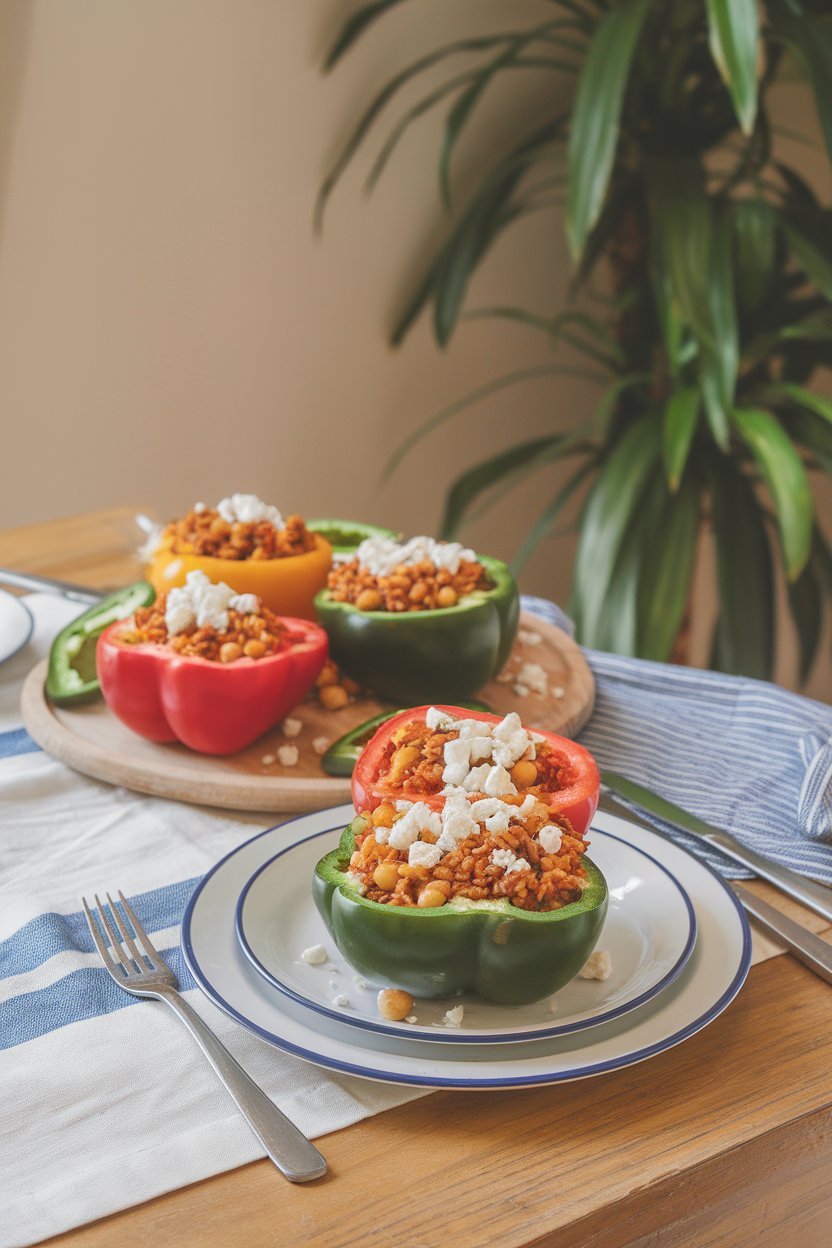 An indoor dining table with colorful bell peppers halved and filled with a chickpea, tomato, and brown rice mixture, lightly dusted with feta crumbles. No text or logos. Photo only.