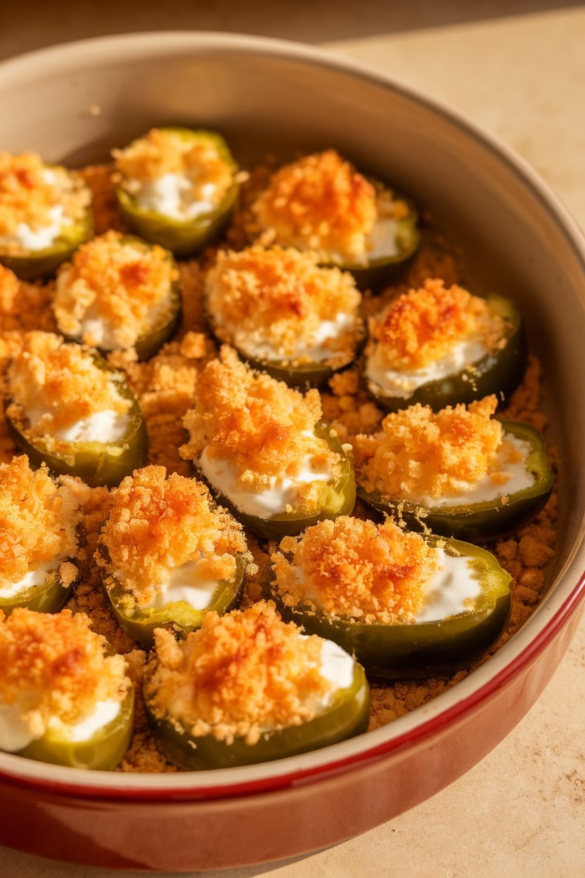 Indoor photo of a ceramic dish lined with halved jalapeños stuffed with yogurt-cheddar filling and topped with golden breadcrumbs. No text or logos present.