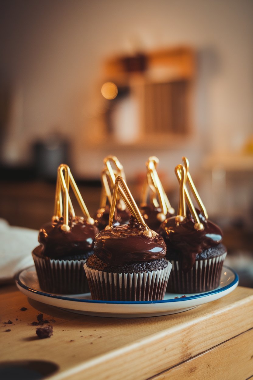 Photo of dark chocolate cupcakes drizzled with shiny ganache and topped with gold dragées, indoor lighting, no text or logos