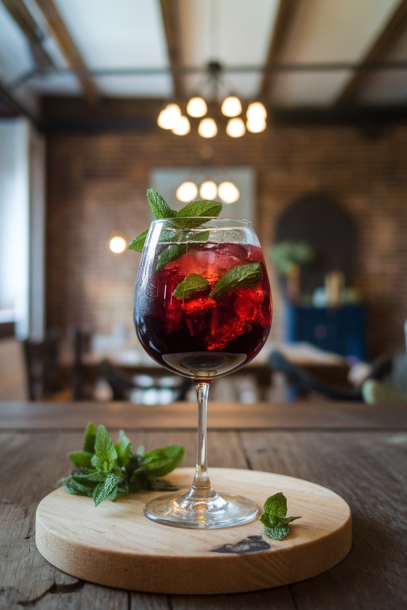 Photo inside a dining room of a stemless wine glass with deep red spritzer, mint leaves floating; no text or logos.
