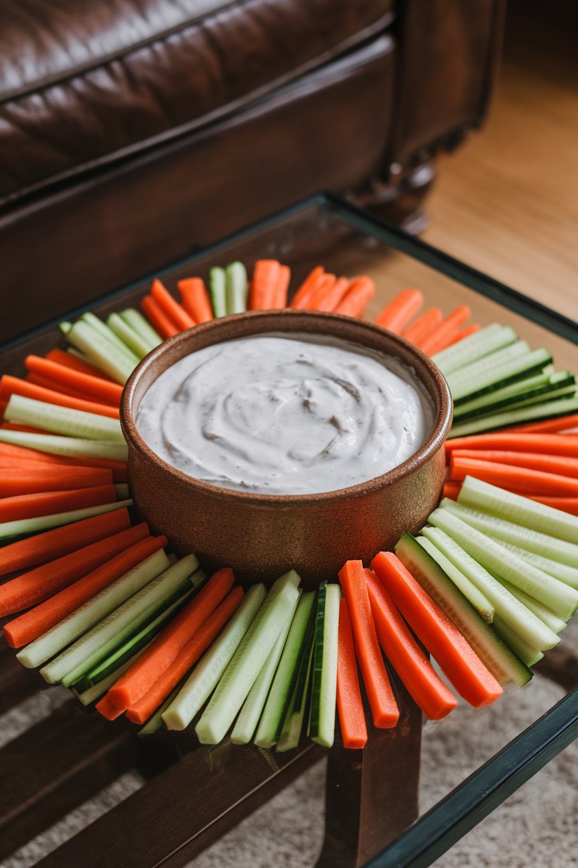Photo of a ceramic bowl of thick white ranch dip surrounded by neat rows of colorful carrot, cucumber, and bell-pepper sticks on an indoor coffee table. No text or logos.