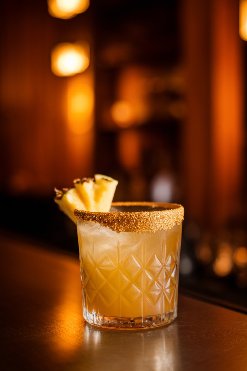 Photo of a short glass indoors with golden cocktail, visible pineapple chunks, flame-kissed edges, warm grill-bar lighting, no text or logos