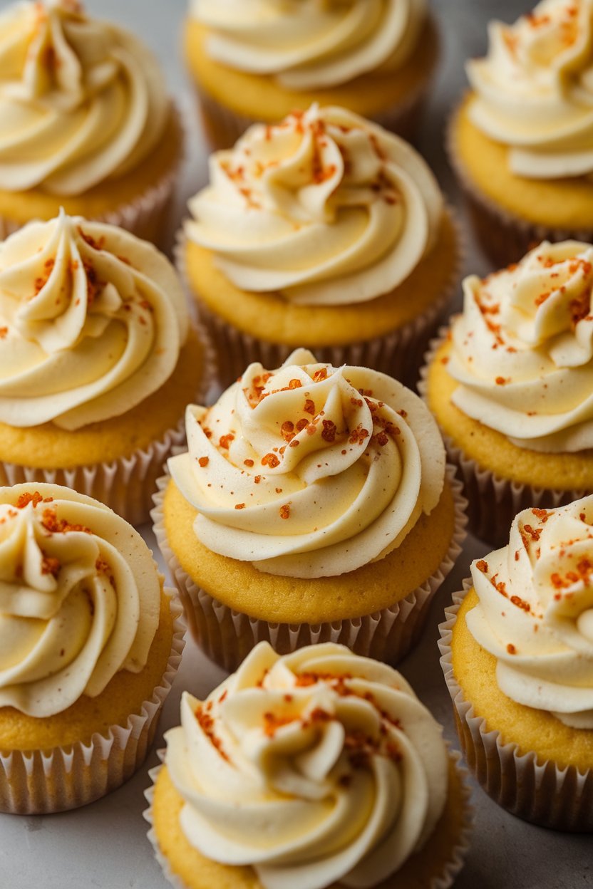 Photo of yellow cupcakes dusted with cayenne pepper flakes on frosting, indoor studio-lit backdrop, no text or logos
