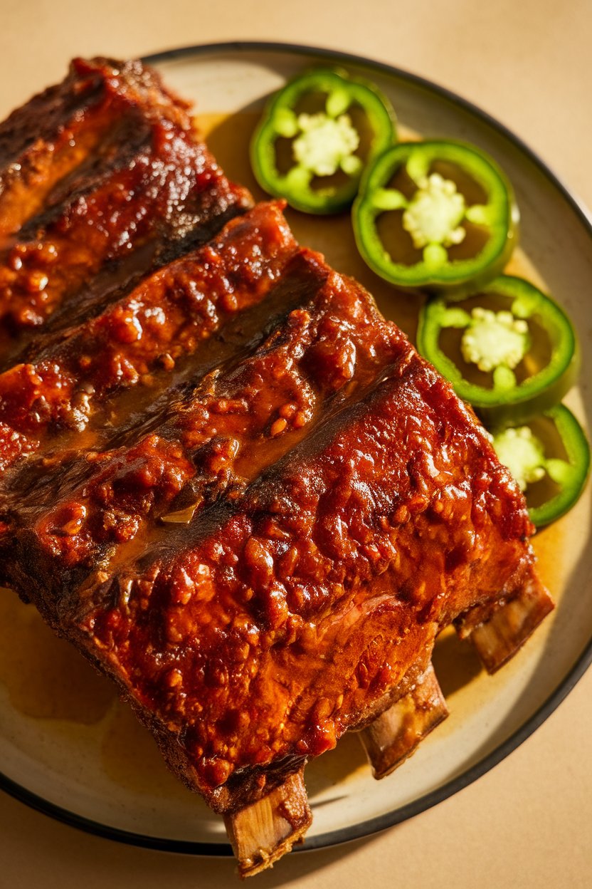 Indoor photo showing glazed short ribs with a mahogany chipotle-honey coating, sliced jalapeños on the side; warm overhead lighting; no text or logos