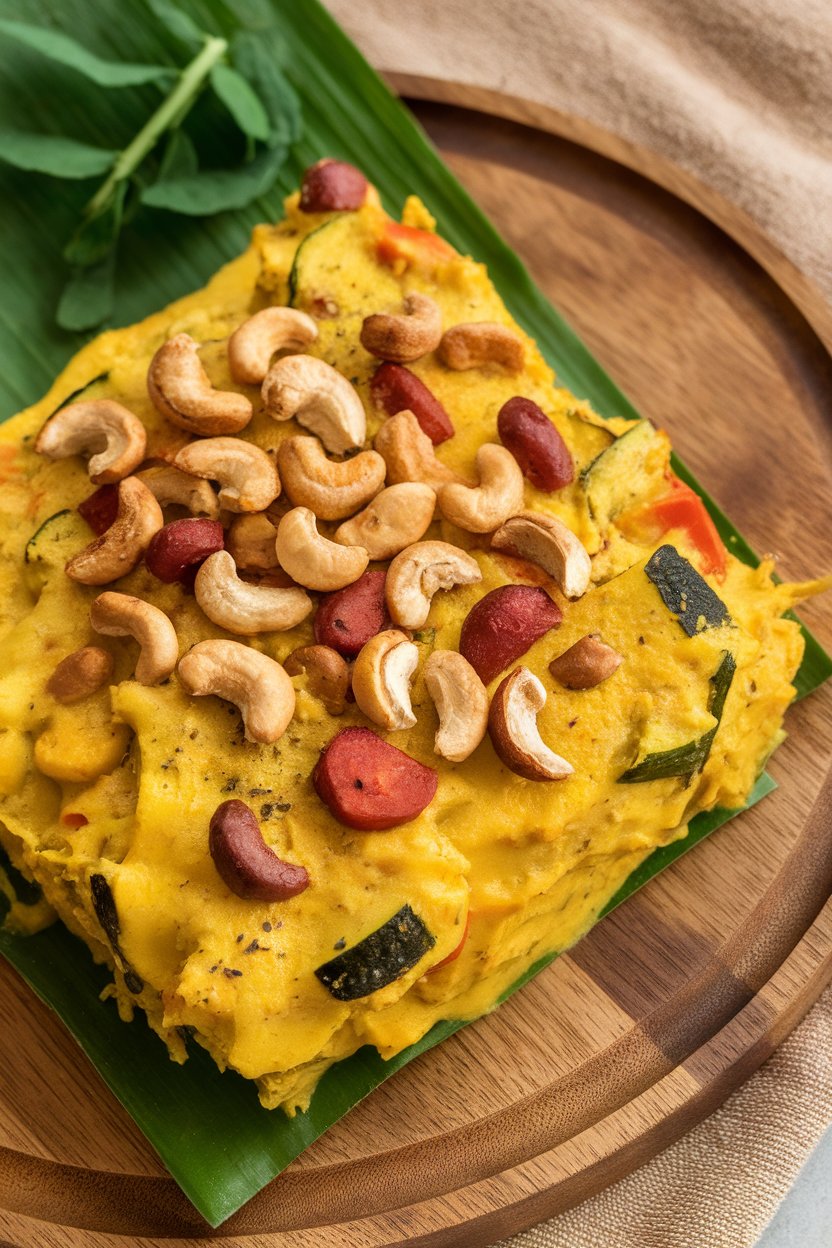 Indoor photo of mixed vegetables in yellow coconut curry sauce, baked in a casserole and topped with toasted cashews. No visible logos.