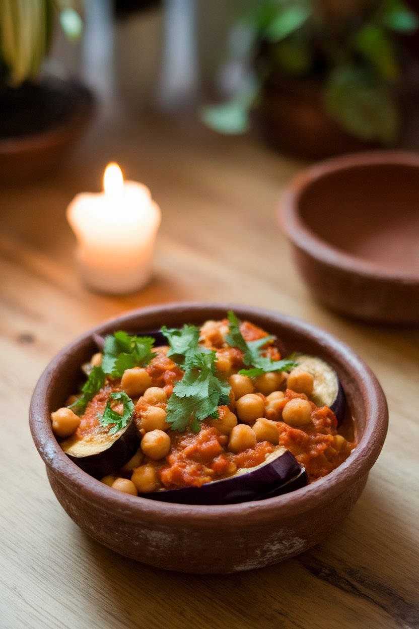 An indoor dining scene with a rustic clay bowl filled with cooked eggplant and chickpeas in a warm spiced tomato sauce, sprinkled with chopped cilantro. No text or logos. Photo only.