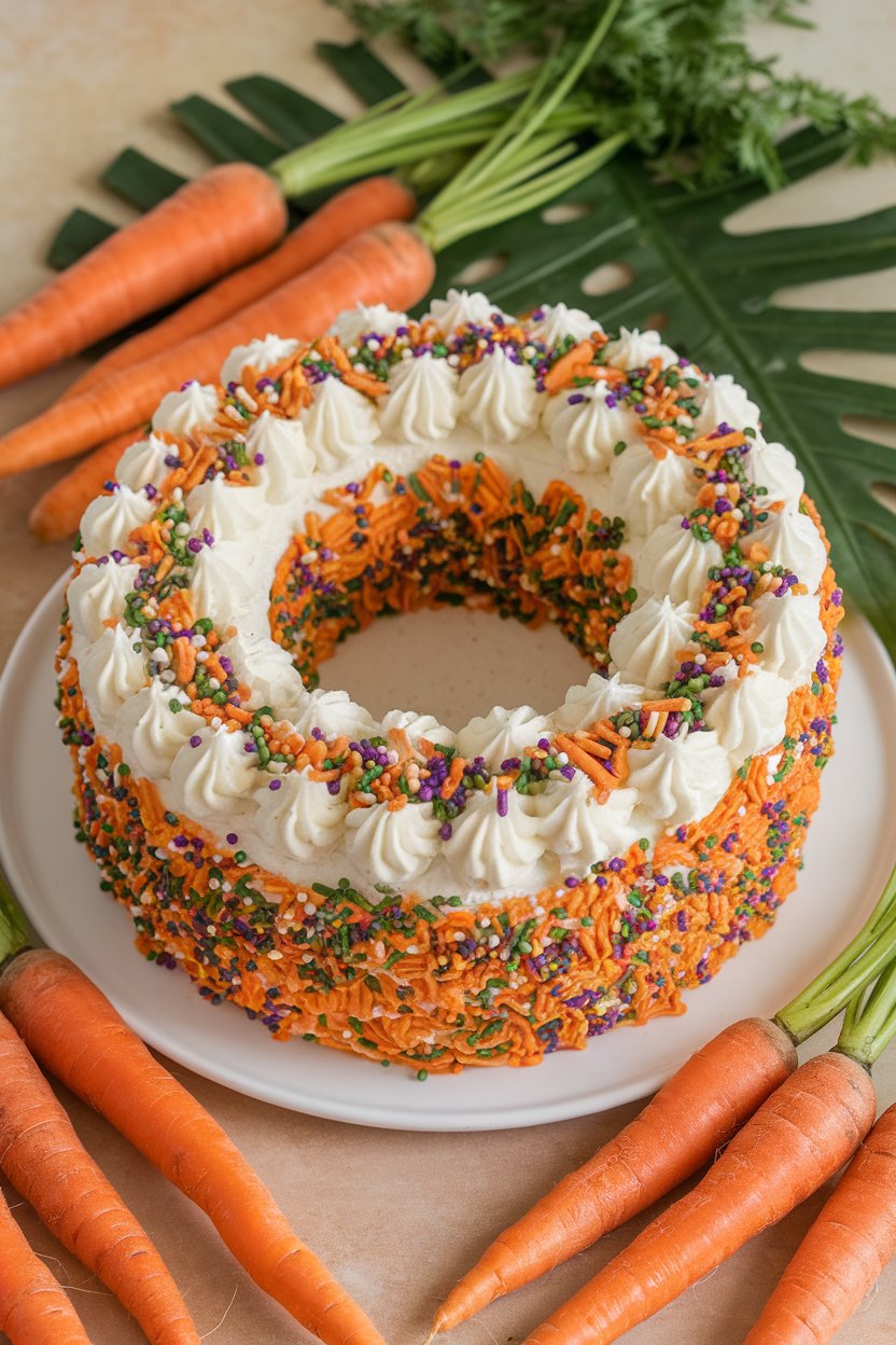 Photo indoors of a carrot-spiced ring cake coated in cream-cheese frosting and Mardi Gras sprinkles; no text or logos.