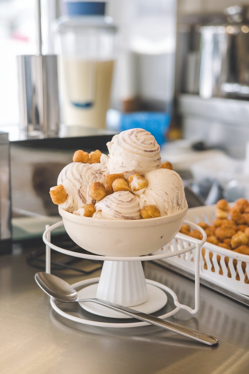 An indoor ice-cream parlor counter with a bowl of off-white ice cream speckled with powdered-sugar swirls, mini fried dough pieces mixed in. No text or logos. Photo.