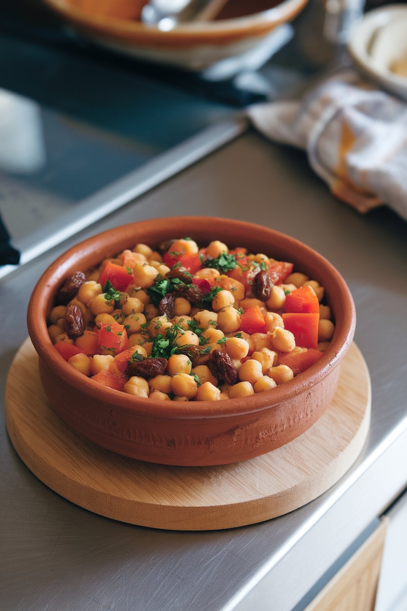 Indoor counter displaying a clay bowl of chickpea stew with diced tomatoes, carrots, and raisins, sprinkled with chopped parsley; no text or logos; photo.