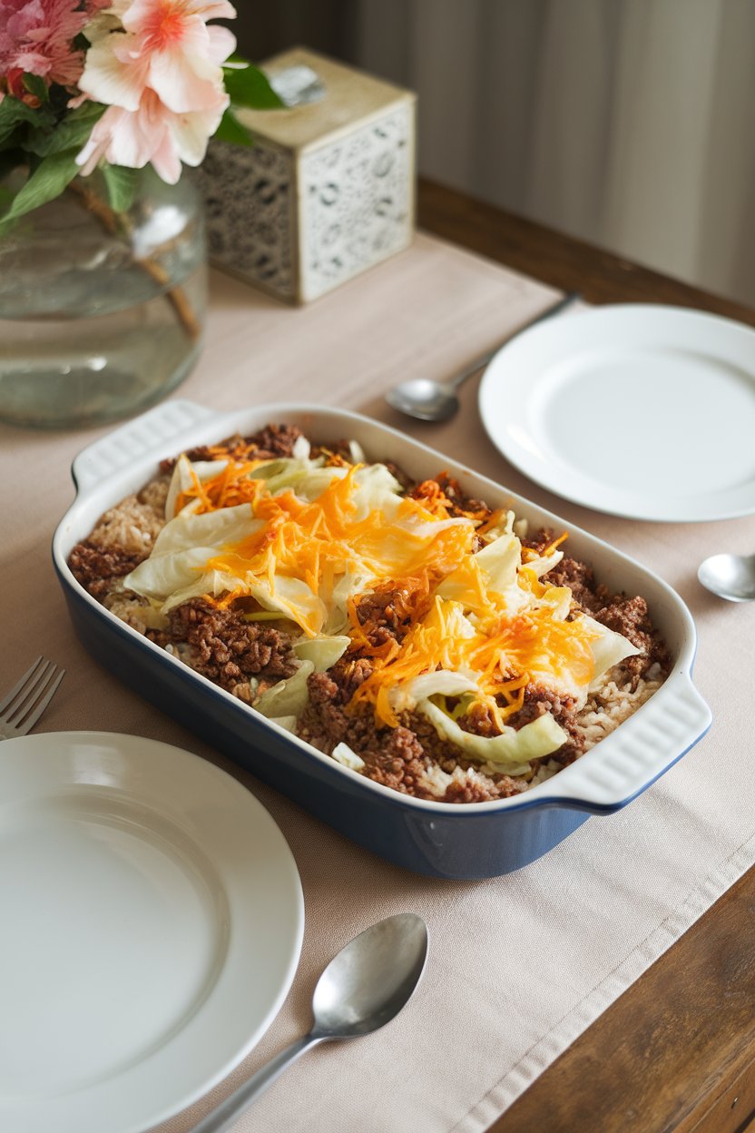 An indoor dining table with a casserole dish of saucy ground beef, cabbage ribbons, and brown rice, cheese lightly melted on top. No text or logos.
