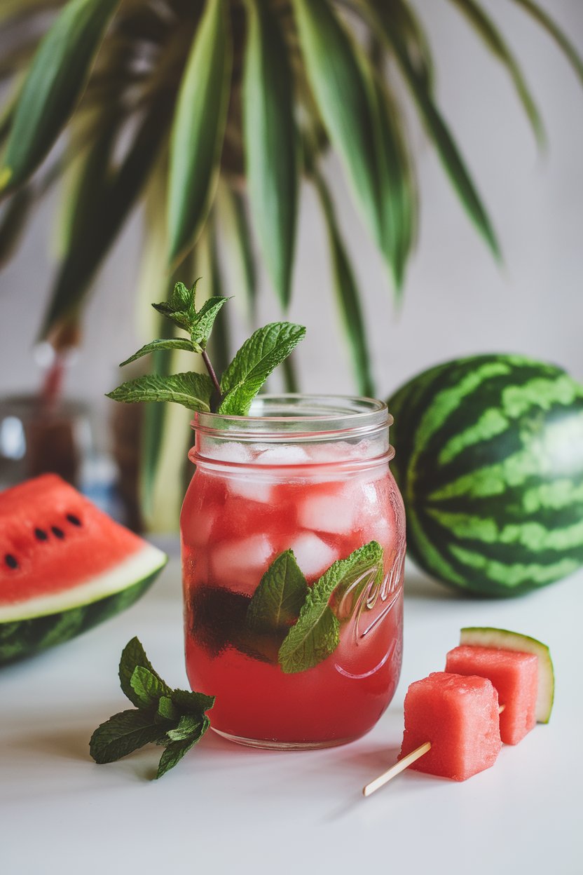 Indoor summer-party vibe with a mason jar glass of rosy watermelon mint cooler, mint sprig and tiny watermelon cube skewer, no text or logos. Photo only.