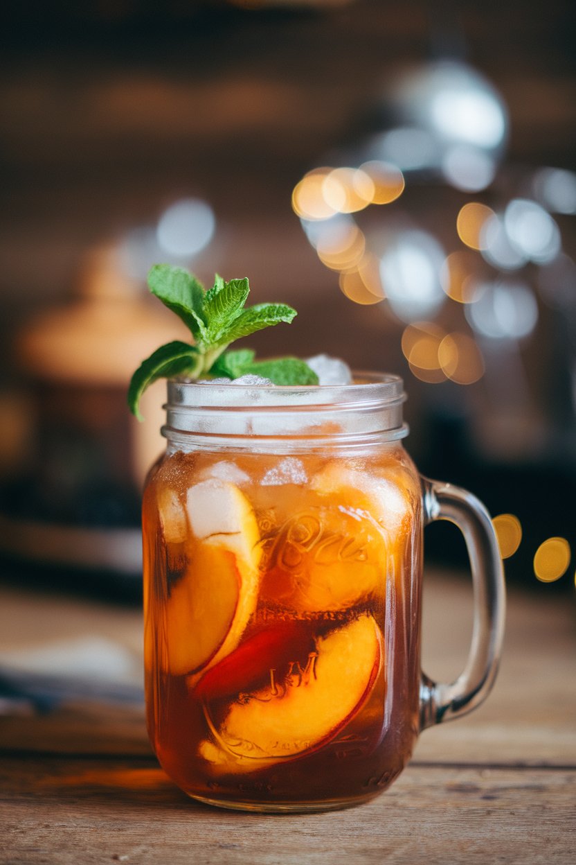 Photo of a mason jar glass indoors, filled with amber iced tea, frozen peach slices, and a sprig of mint; no text or logos visible.