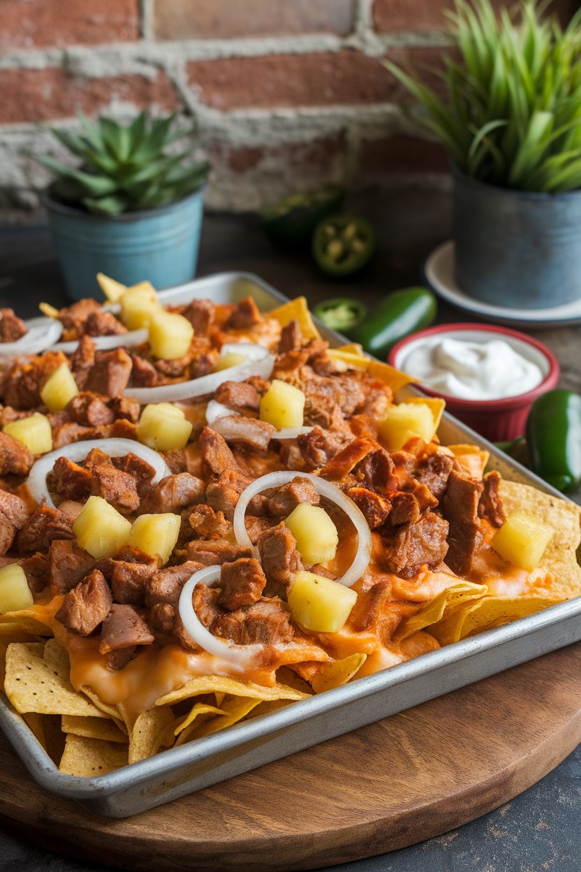 Sheet pan of nachos with al pastor pork, pineapple tidbits, onions, and melted cheese indoors; no text or logos, photo not illustration.