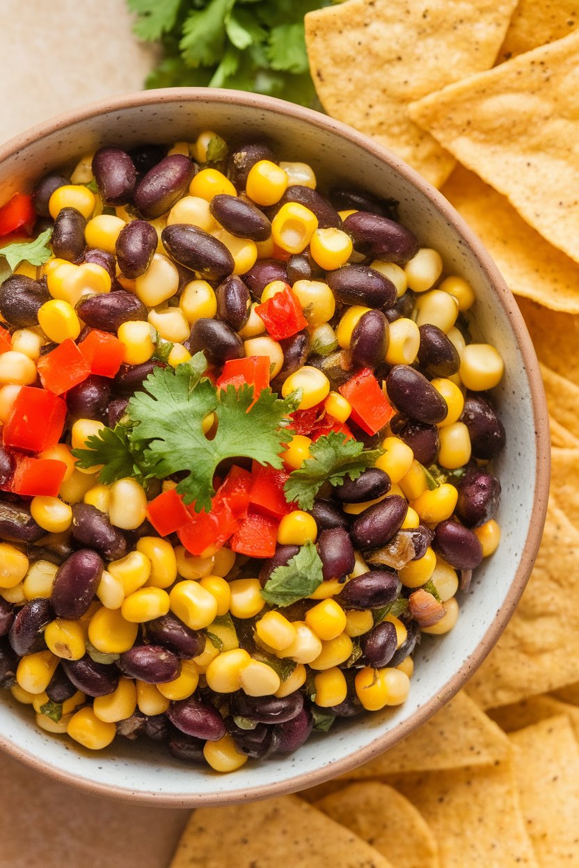 Photo prompt: Indoor bowl of vibrant black bean and corn salsa with diced red pepper and cilantro, tortilla chips nearby. No logos or text. Photo, not illustration.