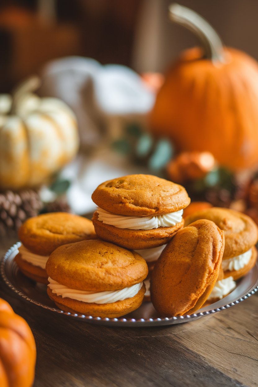 Warm indoor image of pumpkin whoopie pies filled with cream cheese frosting, stacked casually on a platter. No text or logos.