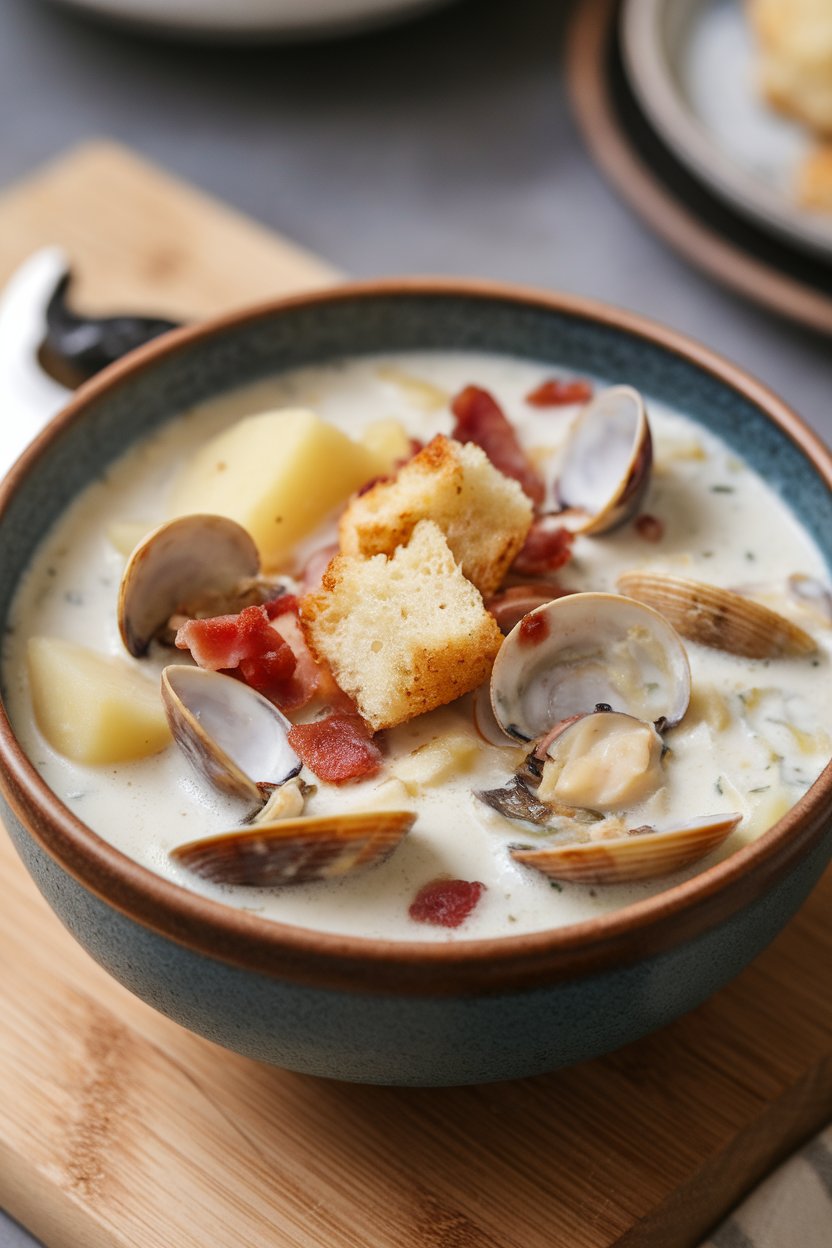Indoor shot of creamy clam chowder—chunks of cooked clams, potatoes, and bacon in a white broth served in a small soup crock. No text or logos. Photo.