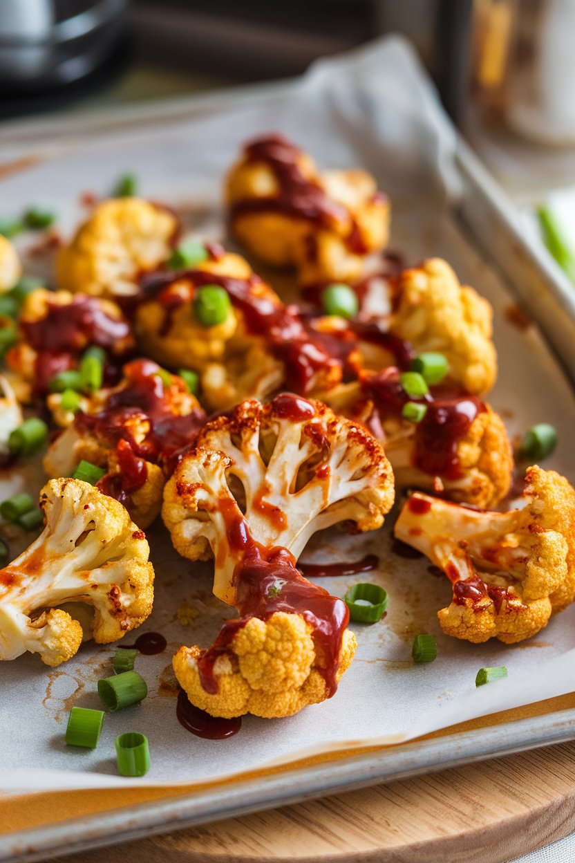 Indoor photo of roasted cauliflower florets coated in barbecue sauce on a parchment-lined tray, green onion garnish. No text or logos.