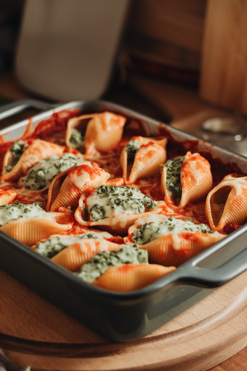 An indoor baking dish packed with jumbo pasta shells stuffed with green-flecked ricotta, blanketed by marinara and melted cheese. No text or logos. Photo only.