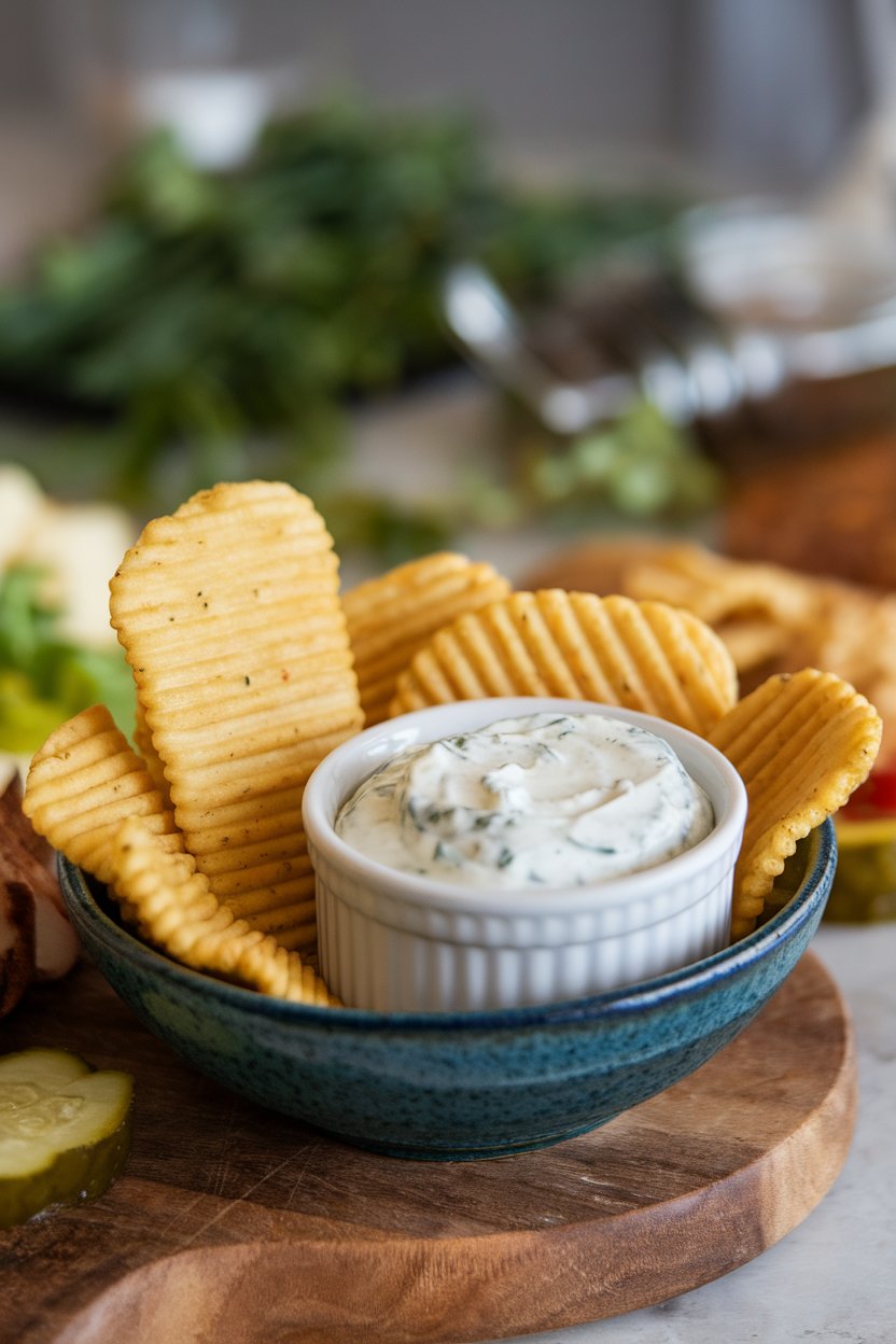 Indoor bowl of ridged dill pickle chips beside ramekin of ranch dip, no text or logos
