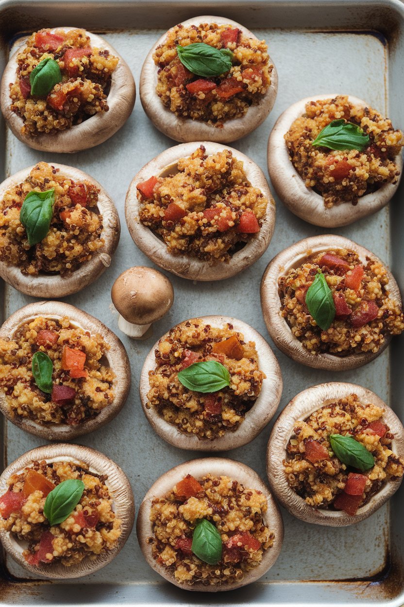 Indoor baking sheet with large cremini mushroom caps filled with tomato-basil quinoa, lightly browned on top. No text or logos. Photo only.