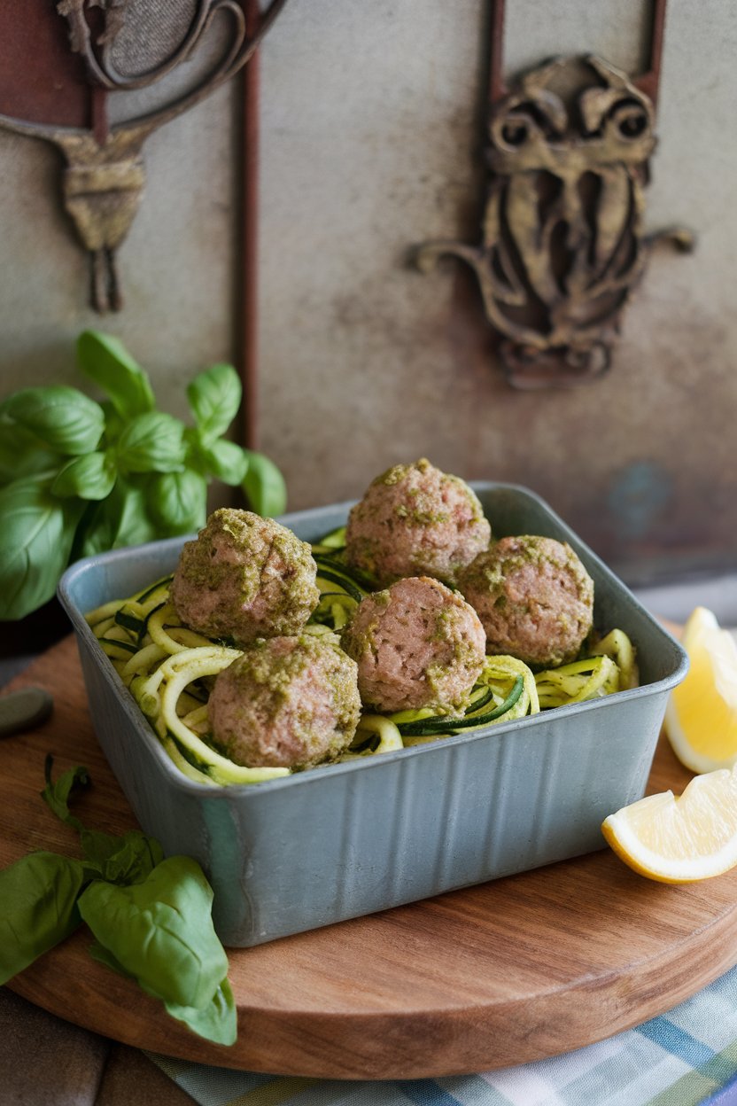 Indoor photo of turkey meatballs coated in pesto resting on zucchini noodles in a shallow container, no text or logos.