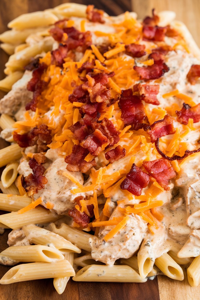 Indoor photo of penne tossed with creamy ranch sauce, chicken chunks, bacon pieces, and cheddar, baked until bubbly. No text or branding.