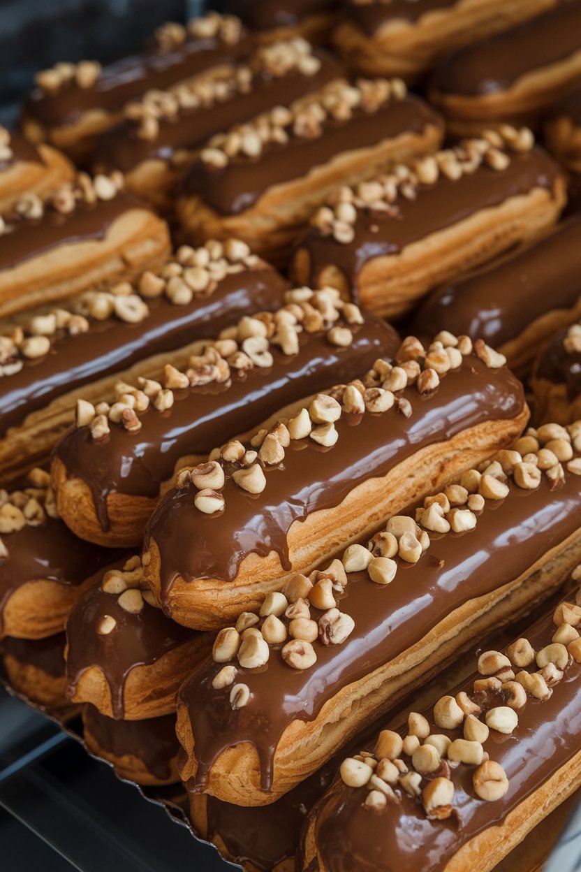 An indoor pastry case view of éclairs glazed with shiny coffee icing and sprinkled with chopped hazelnuts. Photo, no text or logos.