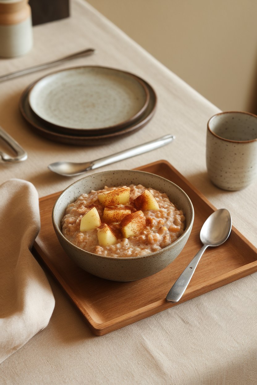 An indoor breakfast table featuring a bowl of hearty oatmeal studded with apple chunks and sprinkled with cinnamon. No text or logos.