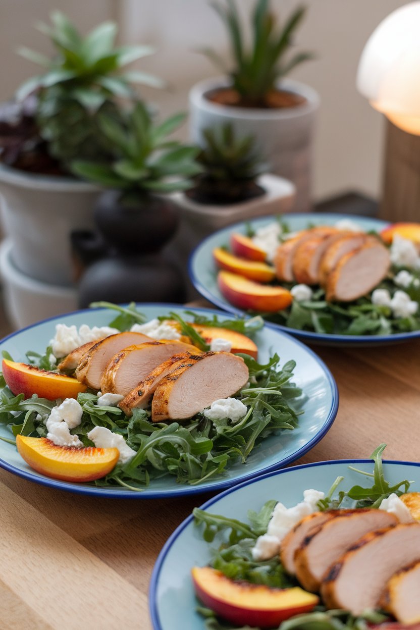 Indoor photo of salad plates with slices of grilled chicken breast, charred peach wedges, peppery arugula, and crumbled goat cheese, lightly dressed. No text or logos.