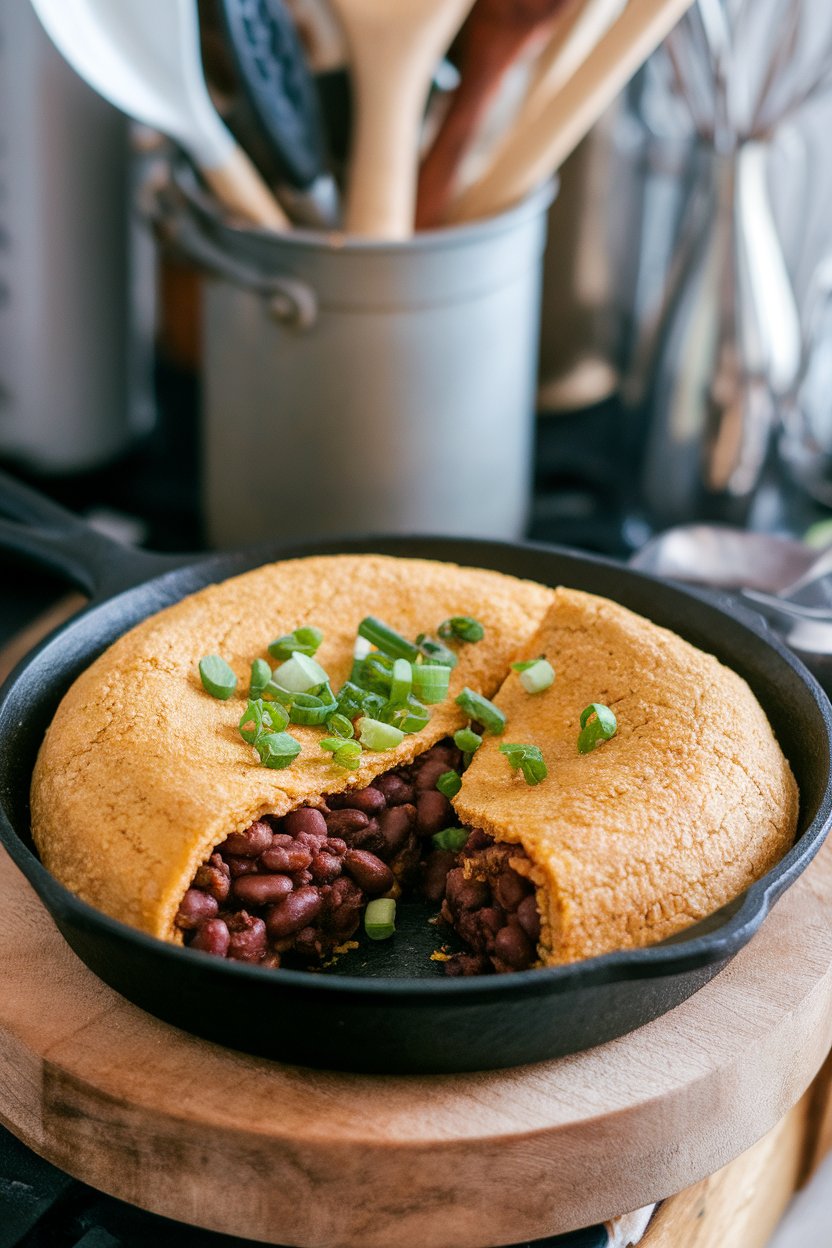Indoor photo of a cast-iron skillet tamale pie with a golden cornmeal crust cracked open to show spiced black beans beneath. No writing or logos visible.