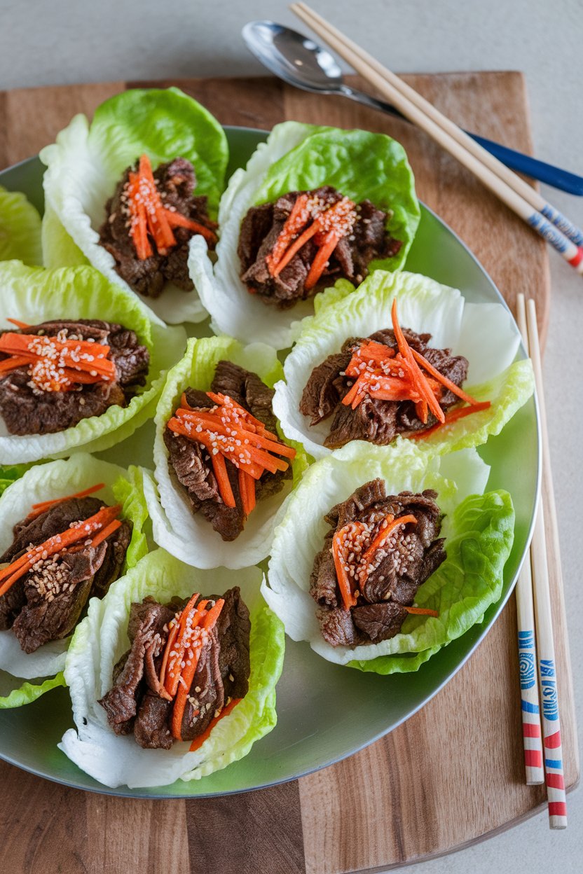 Indoor photo of butter lettuce leaves filled with cooked bulgogi beef, julienned carrots, and sesame seeds on a platter; no text or logos.