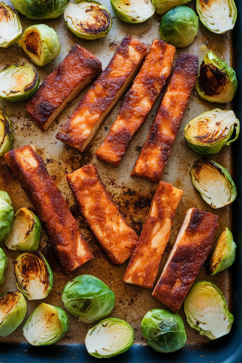 Indoor photo of marinated tempeh strips and halved Brussels sprouts roasted together, smoky seasoning visible. No text or logos.