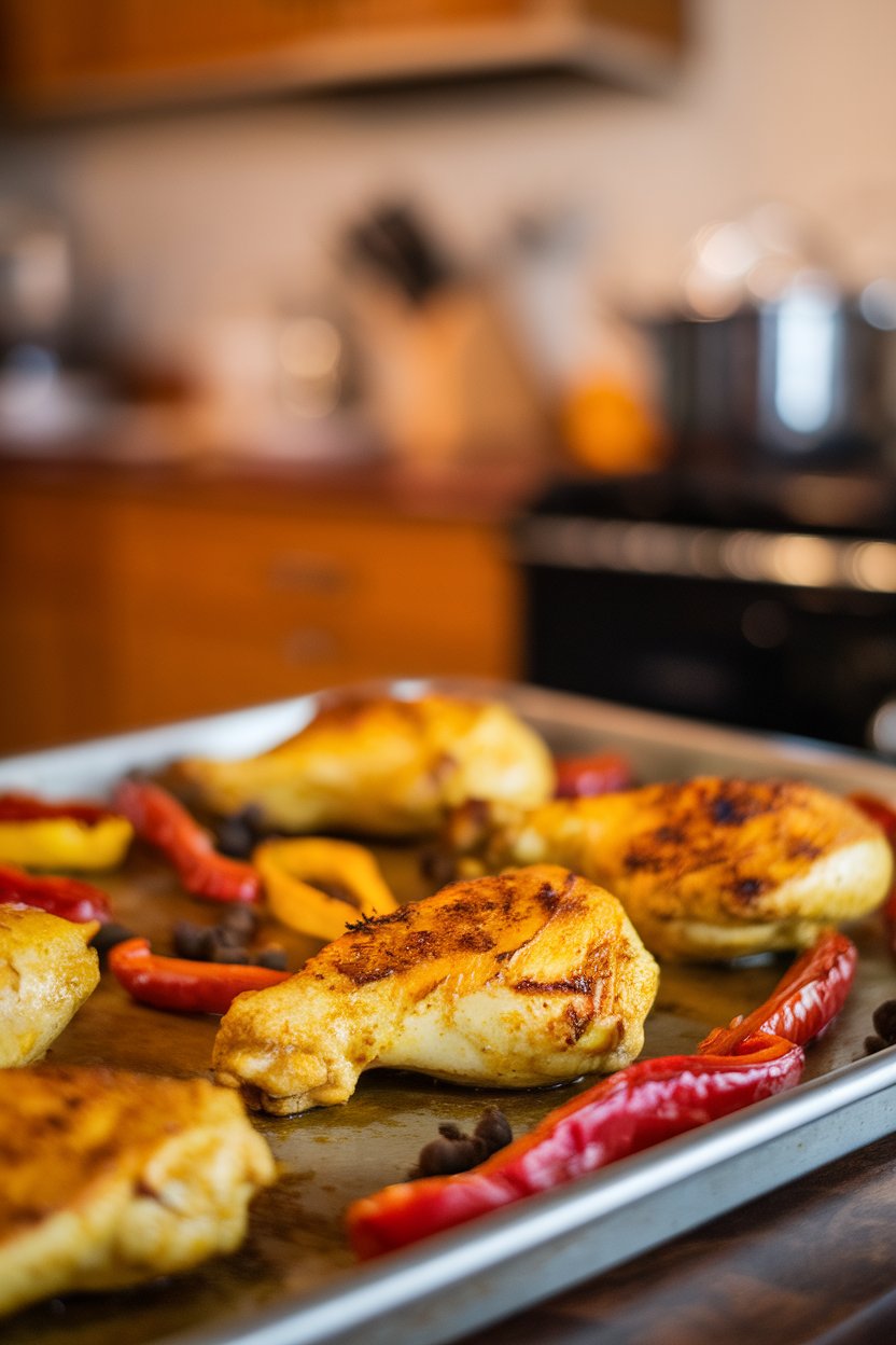 Indoor photo of coconut-milk marinated chicken pieces with a pale yellow curry hue, roasted red and yellow bell pepper strips alongside on a sheet pan. Warm lighting, no text or logos.
