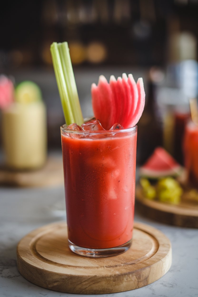 Photo indoors of a tall Bloody Mary with bright pink watermelon-radish garnish and celery stalk, no logos or text.