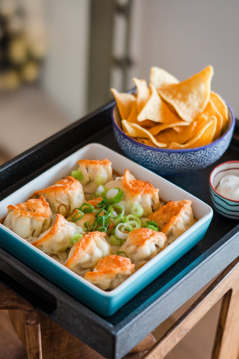 Indoor serving tray with a square baking dish of golden baked crab rangoon dip garnished with sliced green onions, wonton chips on the side. No text or logos.