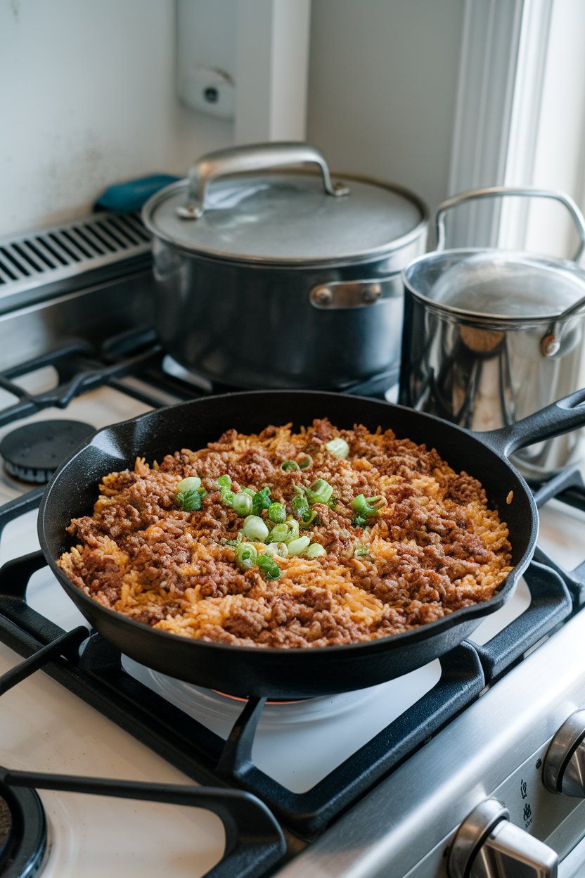 Indoor stovetop scene with a skillet of cooked dirty rice—ground meat, spices, and green onions. No text or logos.