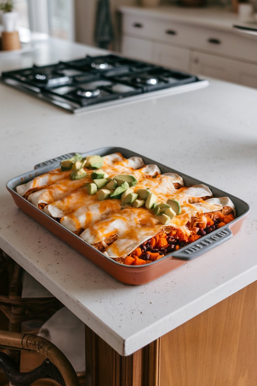 An indoor kitchen island showcasing a baking dish of enchiladas topped with melted cheese and diced avocado garnish, interior filling of sweet potato and black beans visible at one edge. No text or logos. Photo, not illustration.