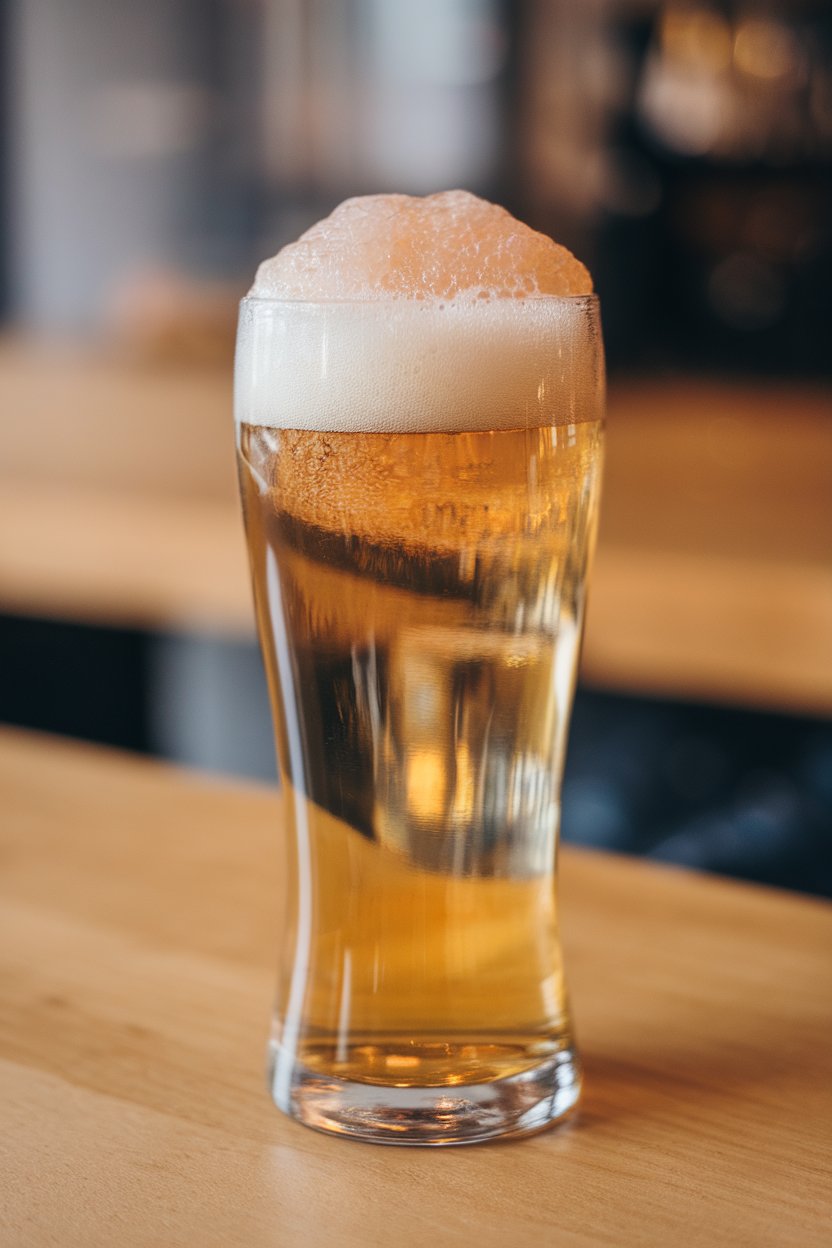 Photo of a tall pilsner glass indoors, half filled with hazy wheat beer, topped with pale grapefruit soda foam; no logos present.