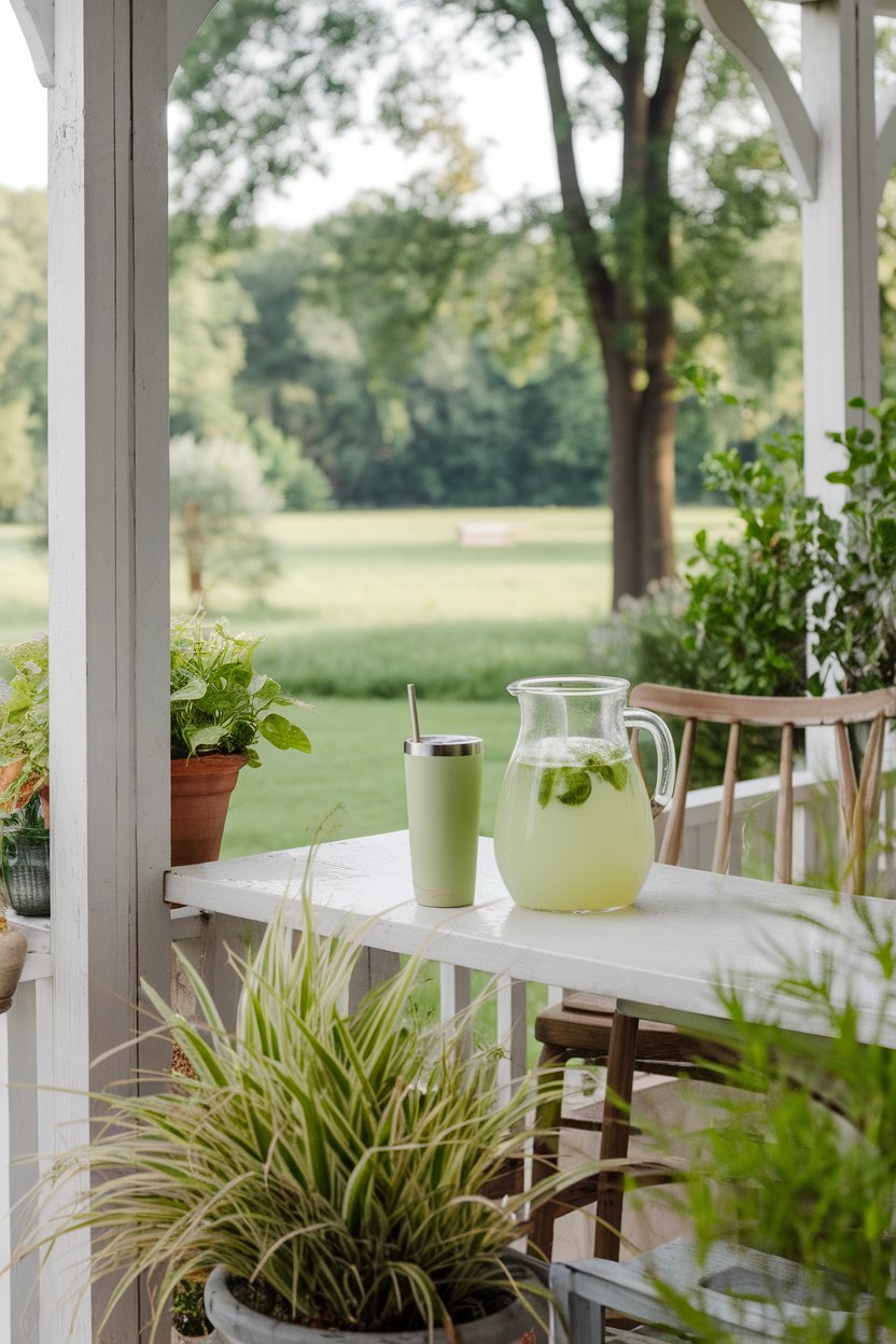 An indoor summer porch scene with a clear pitcher of light green matcha mint lemonade and matching tumbler. No logos or text. Photo.