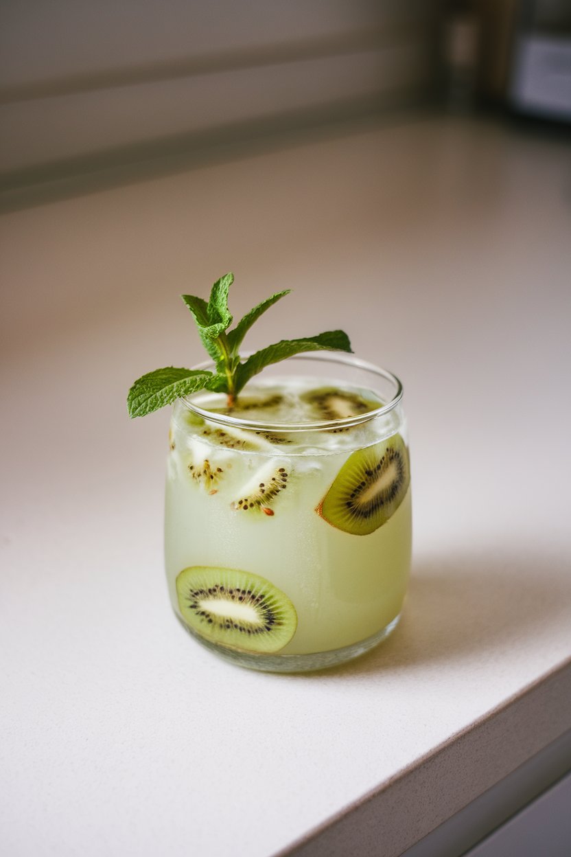 Indoor counter showing a clear glass of pale green drink with kiwi seeds visible, mint sprig on top. No text or logos.