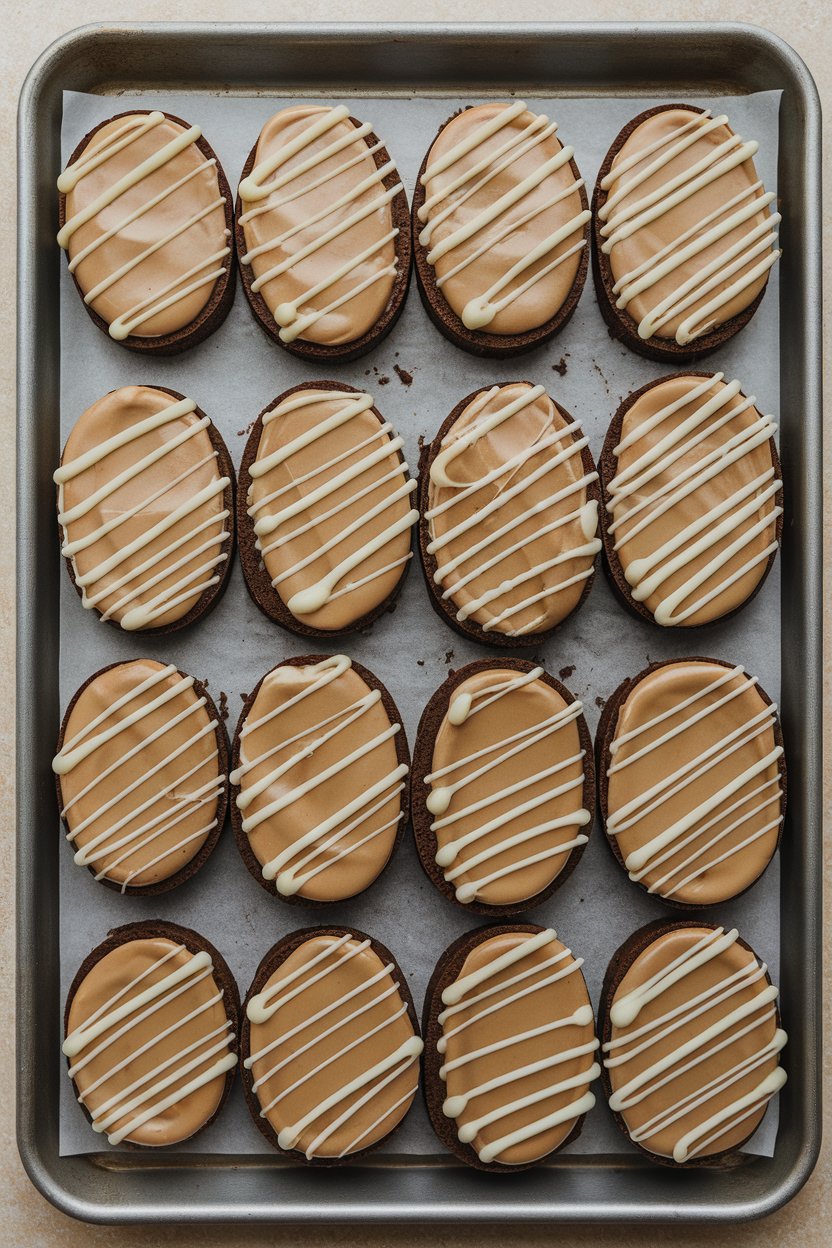 Indoor pastry tray featuring oval brownies iced with peanut butter frosting and laces piped in white chocolate, no logos or text.