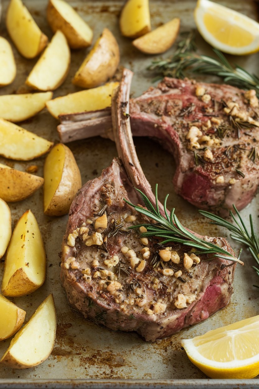 Indoor photo of golden roasted potato wedges and herb-crusted lamb chops on the same sheet pan, lemon wedges visible. No text or logos.