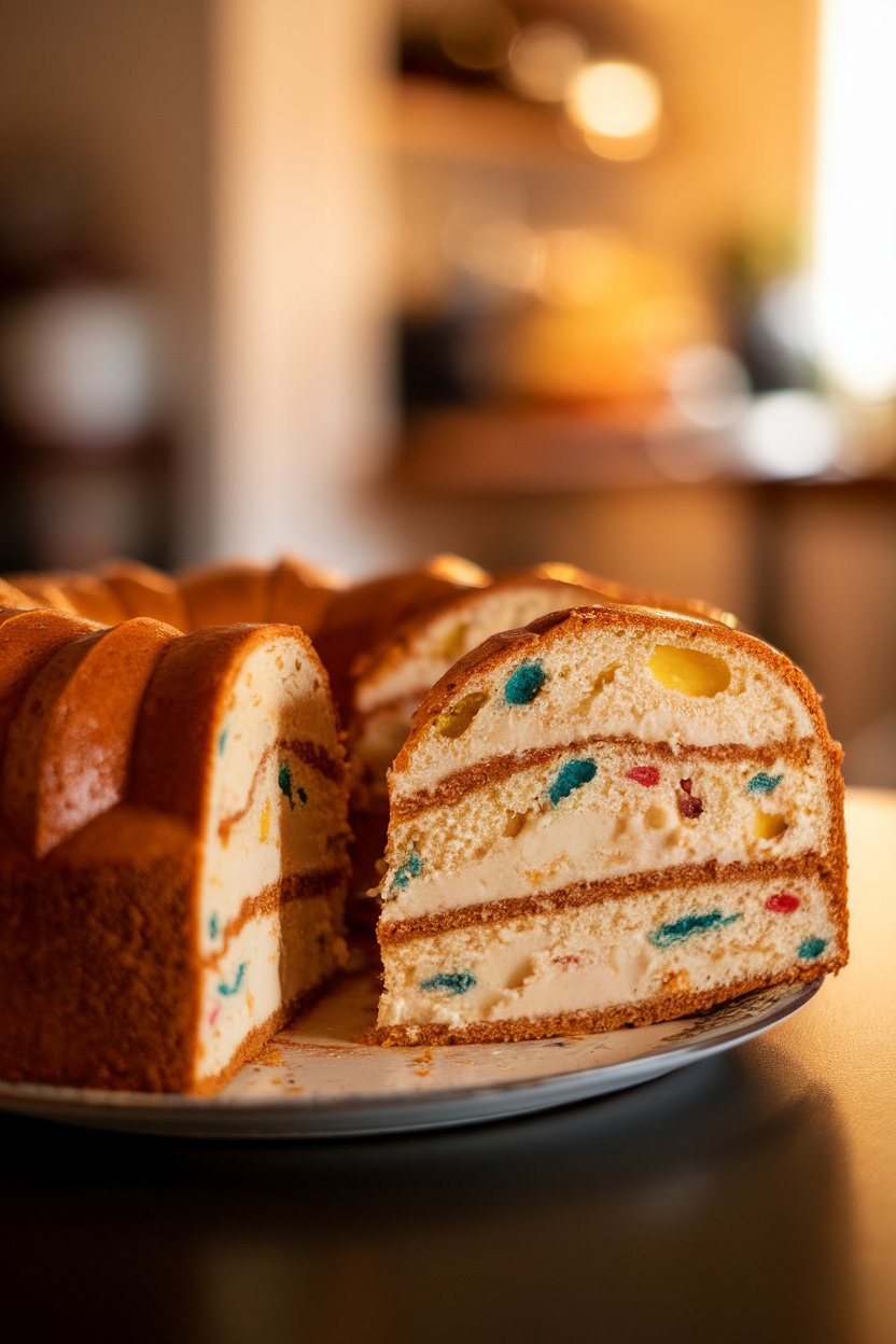 A warmly lit indoor kitchen table with a sliced king cake oozing creamy filling from the center; flecks of colored sugar dot the plate. No text or logos. Photo only.