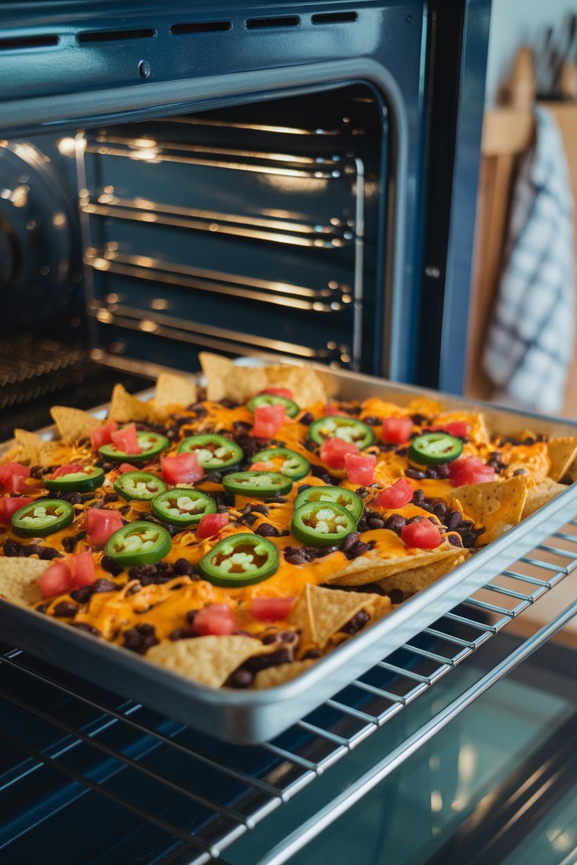Indoor oven door open with a sheet pan of nachos piled with melted cheese, black beans, jalapeño slices, and diced tomatoes. No text or logos.