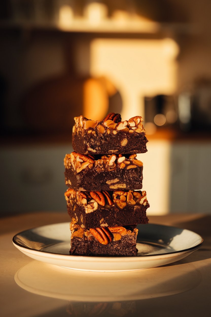 Indoor photo of a stack of fudgy brownies topped with a crackly praline layer and pecan halves. Warm, soft lighting, no text or logos.