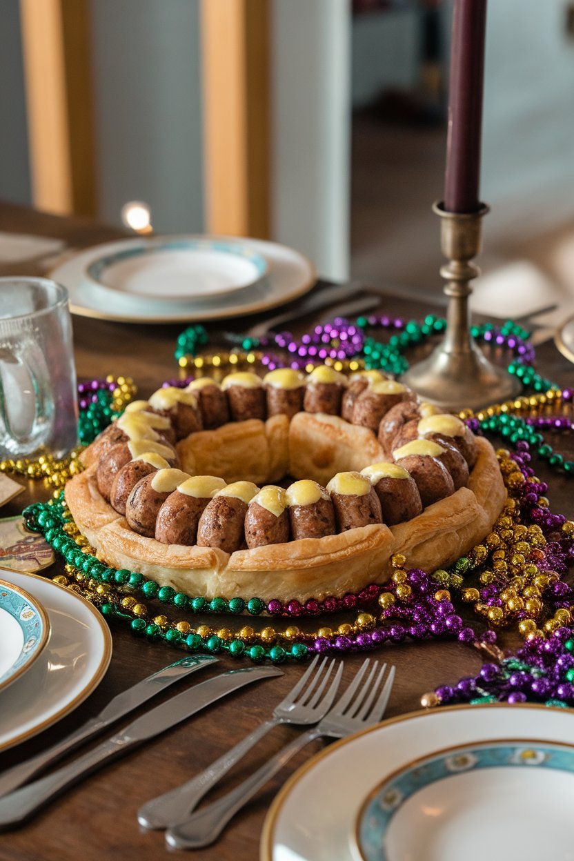 An indoor dinner table with a ring of puff pastry filled with cooked boudin sausage and topped with a light egg wash; Mardi Gras beads scattered around for color. No text or logos. Photo.