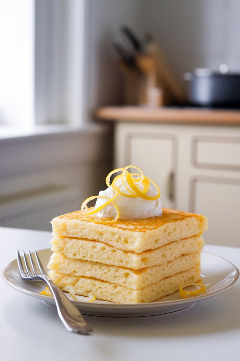 Light, fluffy pancake square with creamy ricotta dollop and lemon zest curls, indoor bright kitchen, no text or logos.